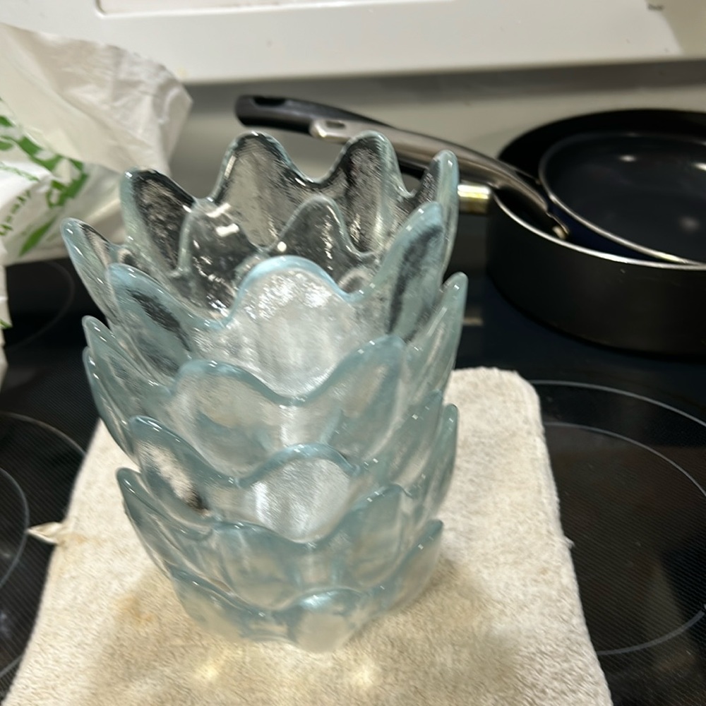 6 whitish blue Blenko bowls lotus design